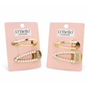 D'Bello Gold Pearl Rhinestone Barrettes Hair Clips Set of 2 NEW